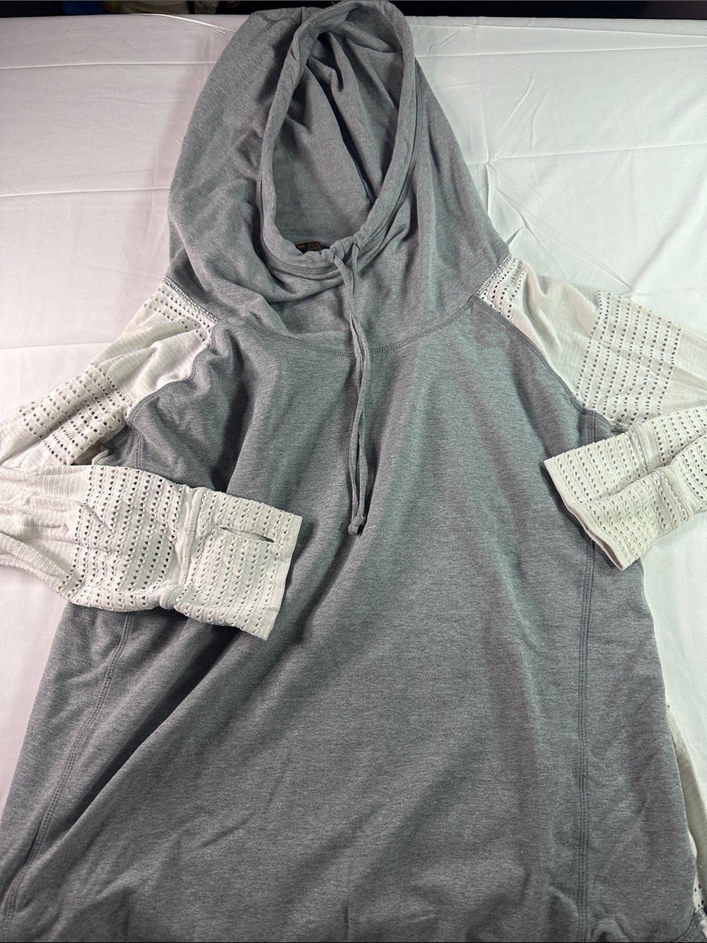 Energy Zone Gray Hooded Sweater with Cream Eyelet Sleeve Accents